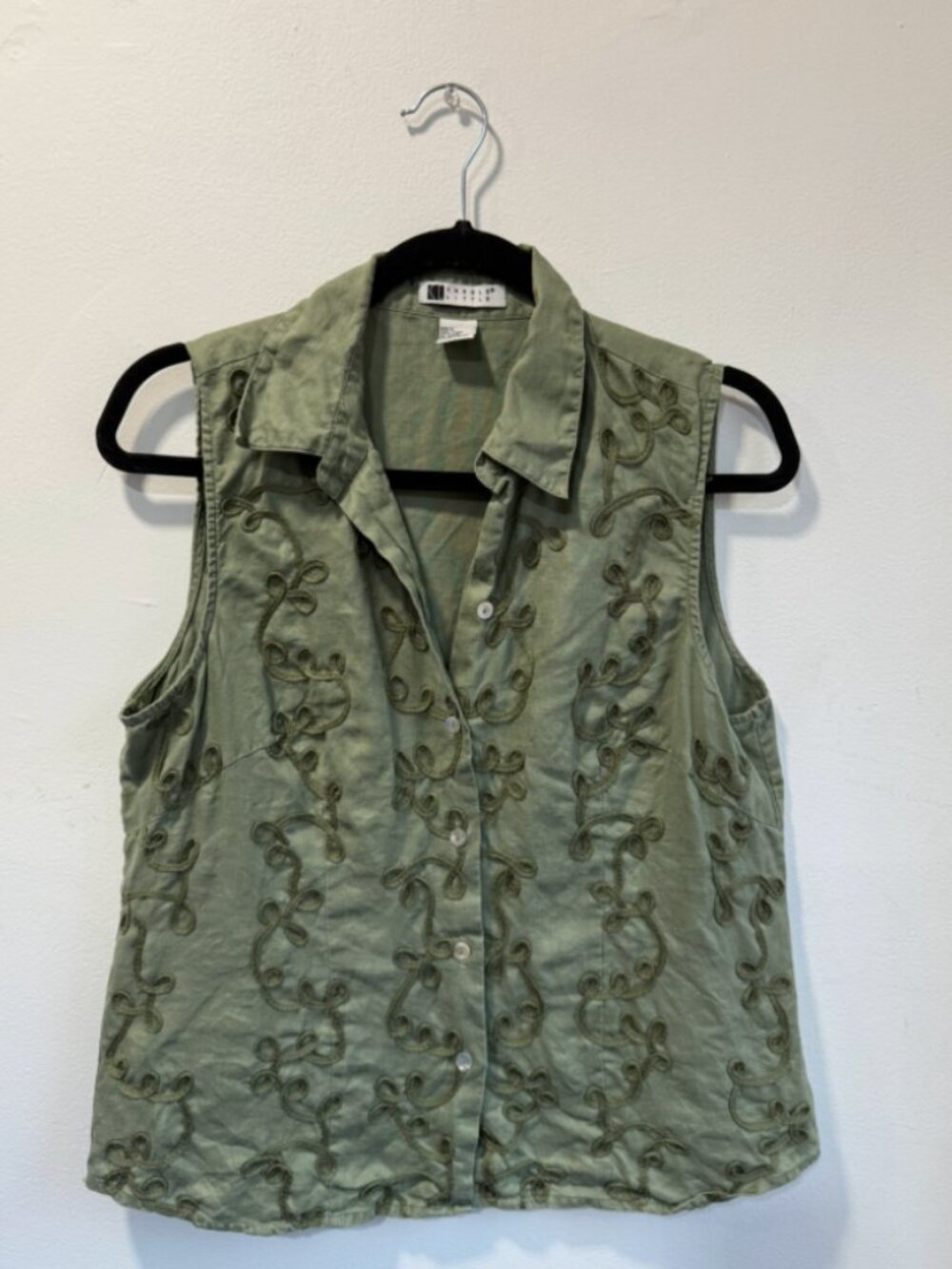 VTG CAROLE LITTLE Sleeveless Green Button Front Linen Top (LG)